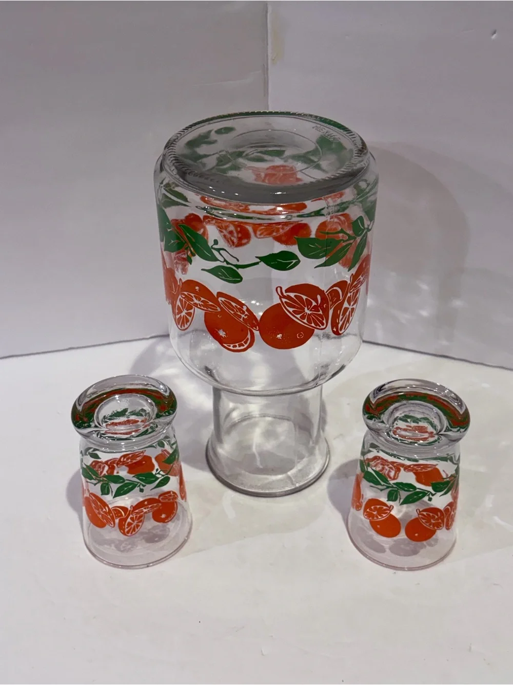 Vintage Libbey Glass Carafe and Tumbler Set Orange and Green Leaf Motif